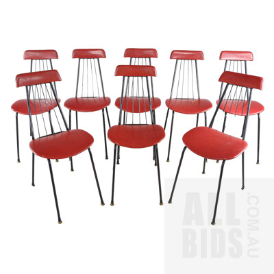 Eight Retro Framac Style Red Vinyl Upholstered Dining Chairs