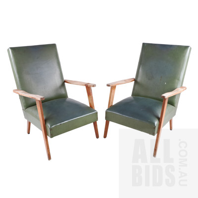Pair of Retro Green Vinyl Upholstered Armchairs
