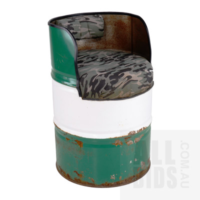 Rustic Oil Drum Converted into a Seat with Camouflage Upholstery