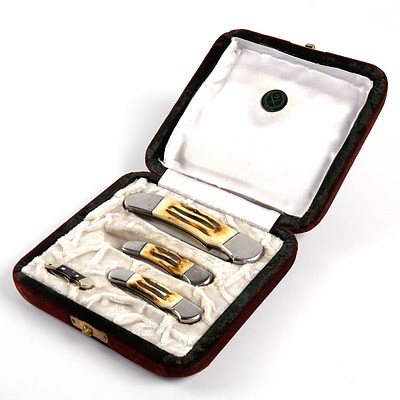 Four Various Pocket Knives - Three with Bone Handles in presentation Case and a Pakistan Army Enamel Badge