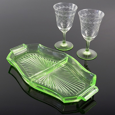 Art Deco Uranium Glass Sectioned Dish and Two Cut Glass Goblets with Uranium Stems