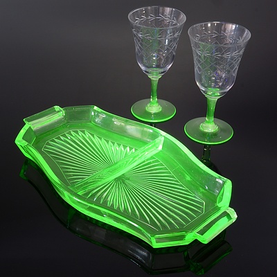Art Deco Uranium Glass Sectioned Dish and Two Cut Glass Goblets with Uranium Stems