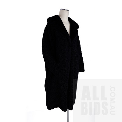 Vintage Mid Century Black Faux Astracan Coat with Faux Fur Collar