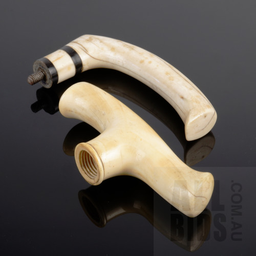 Two Antique Ivory Walking Stick Handles, 19th Century