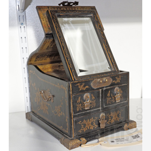 Chinese Black Lacquer and Gilt Decorated Jewellery or Vanity Box with Folding Mirror, Later 20th Century