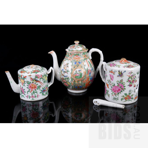 Three Antique Chinese Export Famille Rose Teapots Circa 1900, Faults