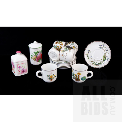Six Villeroy and Boch 'Botanica' Pattern Cups and Saucers and a Jar in Another Pattern, Plus a St George Porcelain England Jar