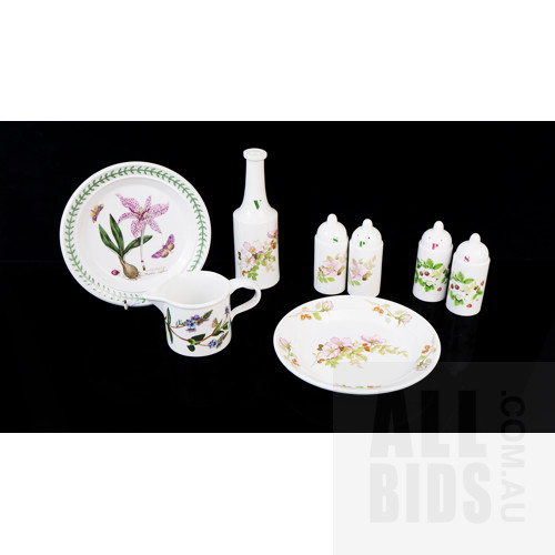Two Pairs of Portmeirion 'Botanic Garden' Pattern Salt and Pepper Pots, a Jug, Vinegar Bottle and Two Side Plates
