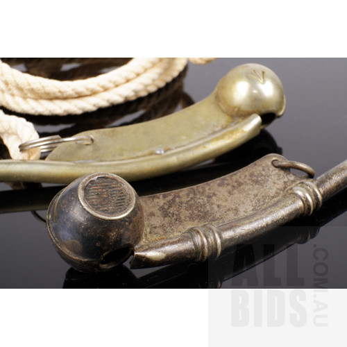 Two WW2 Official British Royal Navy Boatswain Bosun's Whistle with Broad Arrow Stamp
