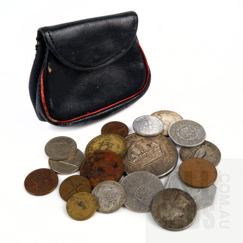 Small Leather Purse with an Assortment of World Coins