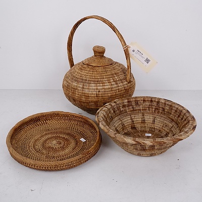 Vintage Woven Seagrass Bowl, Tray and Lidded Handled Basket