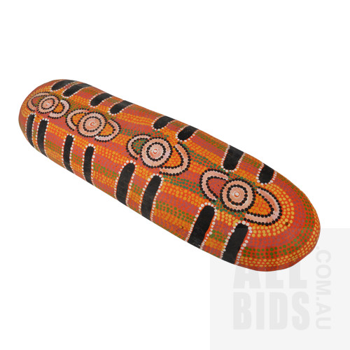 Aboriginal Artist Unknown, Waterholes, Synthetic Polymer Paint on Carved Beanwood Coolamon