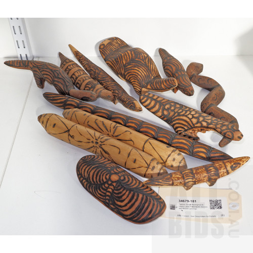 Twelve Small Aboriginal Arnhem Land Pokerwork Decorated Wood Carvings