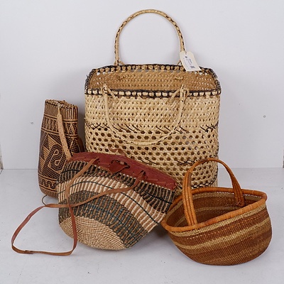 Large Woven Handled Basket, Two Handbags and Smaller Basket