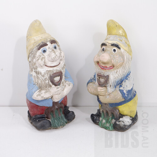Two Fantastic Original Vintage Painted Cast Cement Garden Gnomes, Height 56cm