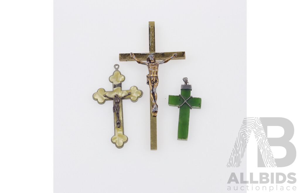 Vintage (3) Crucifix Crosses, Brass, Sterling Silver, MOP & Jade