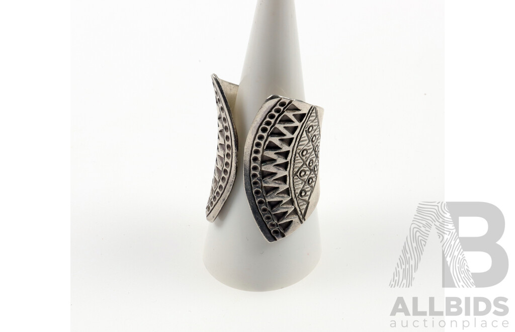 Vintage Sterling Silver Aztec Design Cuff Ring, Size R, 12.05 Grams, Handmade No Hallmarks