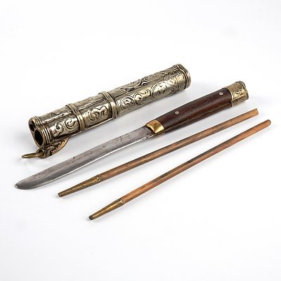 Vintage Eastern Knife and Chopstick Set in Silver Metal Sheath