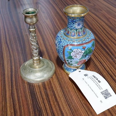 Vintage Cloisonne Vase and Eastern Brass Candle Holder