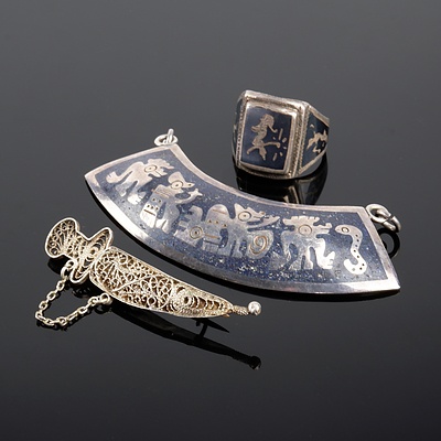 Vintage Siam Silver Niello Ring, South American Silver Pendant and Eastern Silver Dagger Brooch