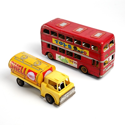 Vintage Japanese Tin Toy Shell petrol tanker and Vintage Tin Toy Double Decker Bus (2)