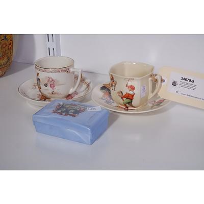 Royal Doulton Cup and Saucer (RD No 764873), Nursery Rhyme Cup and Saucer and a 1954 Royal Visit Soap Box