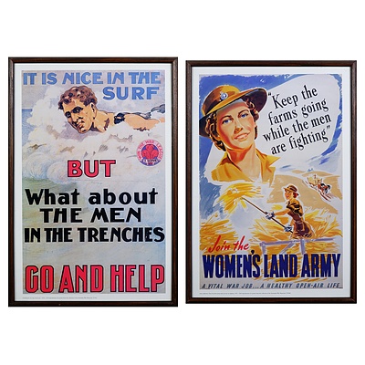 Two Framed Reproduction Prints: Women's Land Army Poster & War League Poster