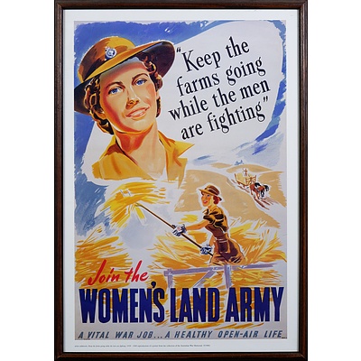 Two Framed Reproduction Prints: Women's Land Army Poster & War League Poster