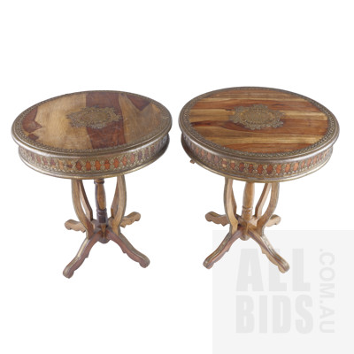 Pair of Louis Style Indian Sheesham Lamp Tables with Applied Pressed Metalwork Decoration