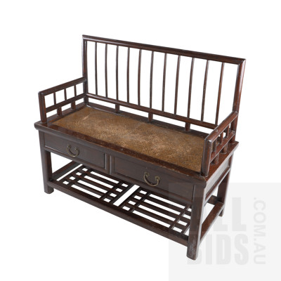 Contemporary Asian Lacquered Bench with Rattan Seat and Two Drawers Below, 20th Century
