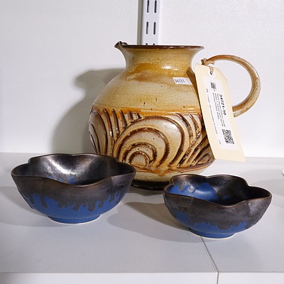 Retro Studio Pottery Jug Marked J. Sartori and Two Matching Pottery Bowls