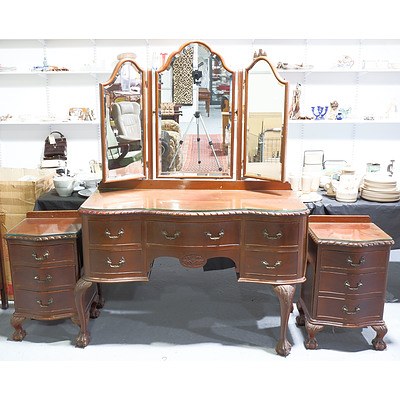 Antique Style Dressing Table with Wing Mirrors and Pair of Matching Bedside Chests