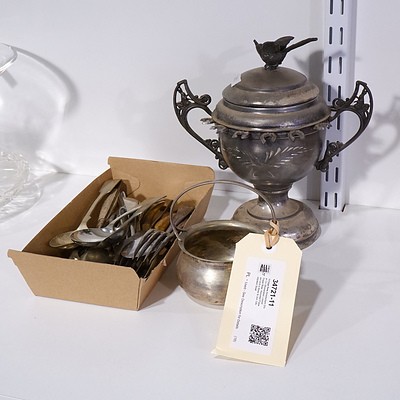 Vintage New Amsterdam Silver Co Silverplated Lidded Sugar Bowl, Assorted Flatware and a Stoke & Son Silverplated Bowl