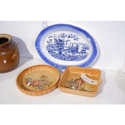 Vintage Japanese Blue and White Willow Pattern Platter and Two Italian Baking Dishes