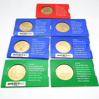 Seven 2000 Sydney Olympics Carded Coins, Football, Cycling, Archery, Hockey and Athletics