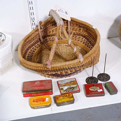Vintage Woven Reed Basket, Two Metal Docket Spikes and Assorted Tins
