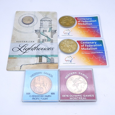 Two Centenary of Federation Medallion, 2015 Lighthouse Carded $1 Coin, and Two Western Samoa $1 Coins