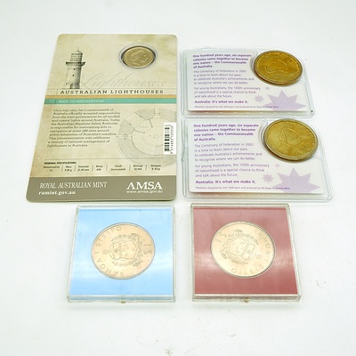 Two Centenary of Federation Medallion, 2015 Lighthouse Carded $1 Coin, and Two Western Samoa $1 Coins