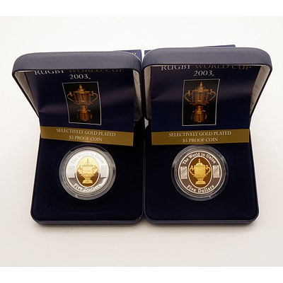 Two 2003 Rugby World Cup Selectively Gold Plate $5 Proof Coin