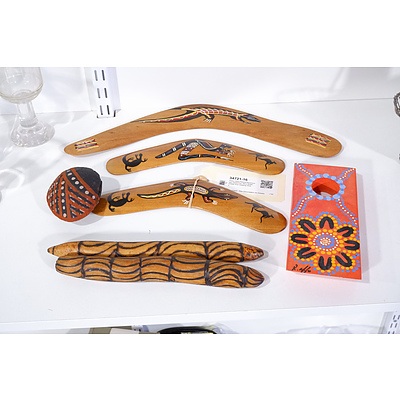 Three Hand Painted Boomerangs, Seed Pod, Wine Bottle Holder and Clapping Sticks