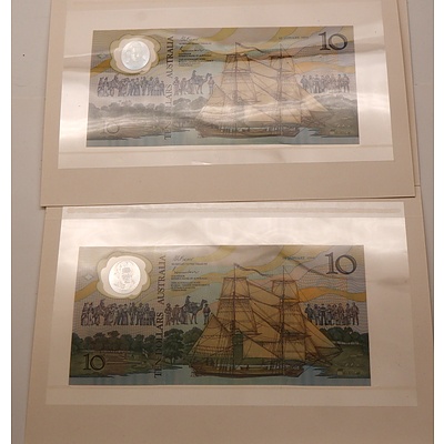 Two Consecutively Numbered 1988 Australian Bicentennial Commemorative $10 Notes, AA17095443 and AA17095444