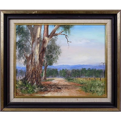 Betty Scott, Two Oil on Board Paintings, Untitled (Country Road) & Gum Trees Condobolin (2)