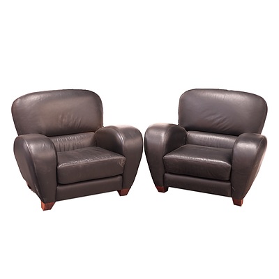 Pair Black Leather Club Armchairs