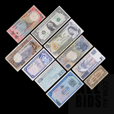 Collection of International Banknotes, Including USA, Canada, Singapore, Brunei and More