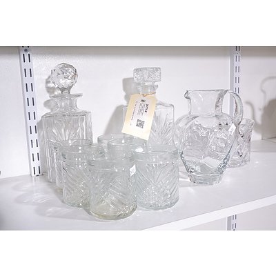 Vintage Cut Crystal Decanter and Bowl, Italian Glass Decanter and Six Matching Tumblers and a Krosno Jug