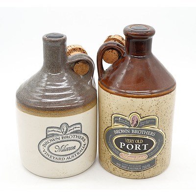 Two Brown Brothers Milawa Ports - 750 ml in Stoneware Decanters (2)