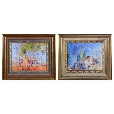 Brian V. Nunan (born 1932), Dry Well & Deserted Farmhouse; Windswept Cottage Near Burra, South Australia (2), Oil on Canvas on Board, each 19 x 24 cm 