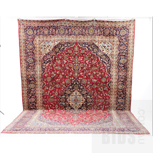 Large Vintage Persian Kashan Hand Knotted Wool Pile Room Sized Carpet with Book Cover Design, Madder Red Field and Shah Abbas Field, 410 x 290cm