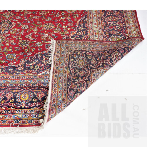 Large Vintage Persian Kashan Hand Knotted Wool Pile Room Sized Carpet with Book Cover Design, Madder Red Field and Shah Abbas Field, 410 x 290cm