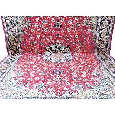 Monumental Persian Tabriz Hand Knotted Wool Pile Room Sized Carpet with Central Medallion and Shah Abbas Field